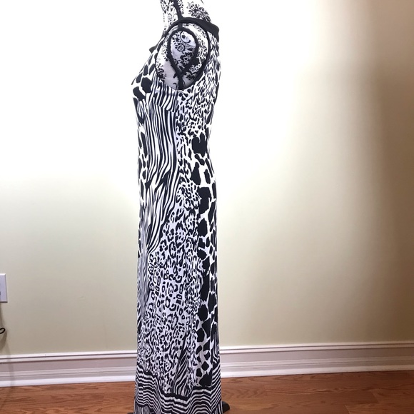 Simon Chang Women’s Maxi Dress White Black Zebra - Picture 2 of 5